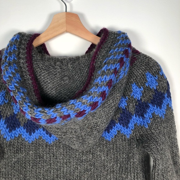 Women's Hand Knit Chunky Heavy Weight Fairisle Hooded Sweater Gray Blue … - Picture 6 of 11